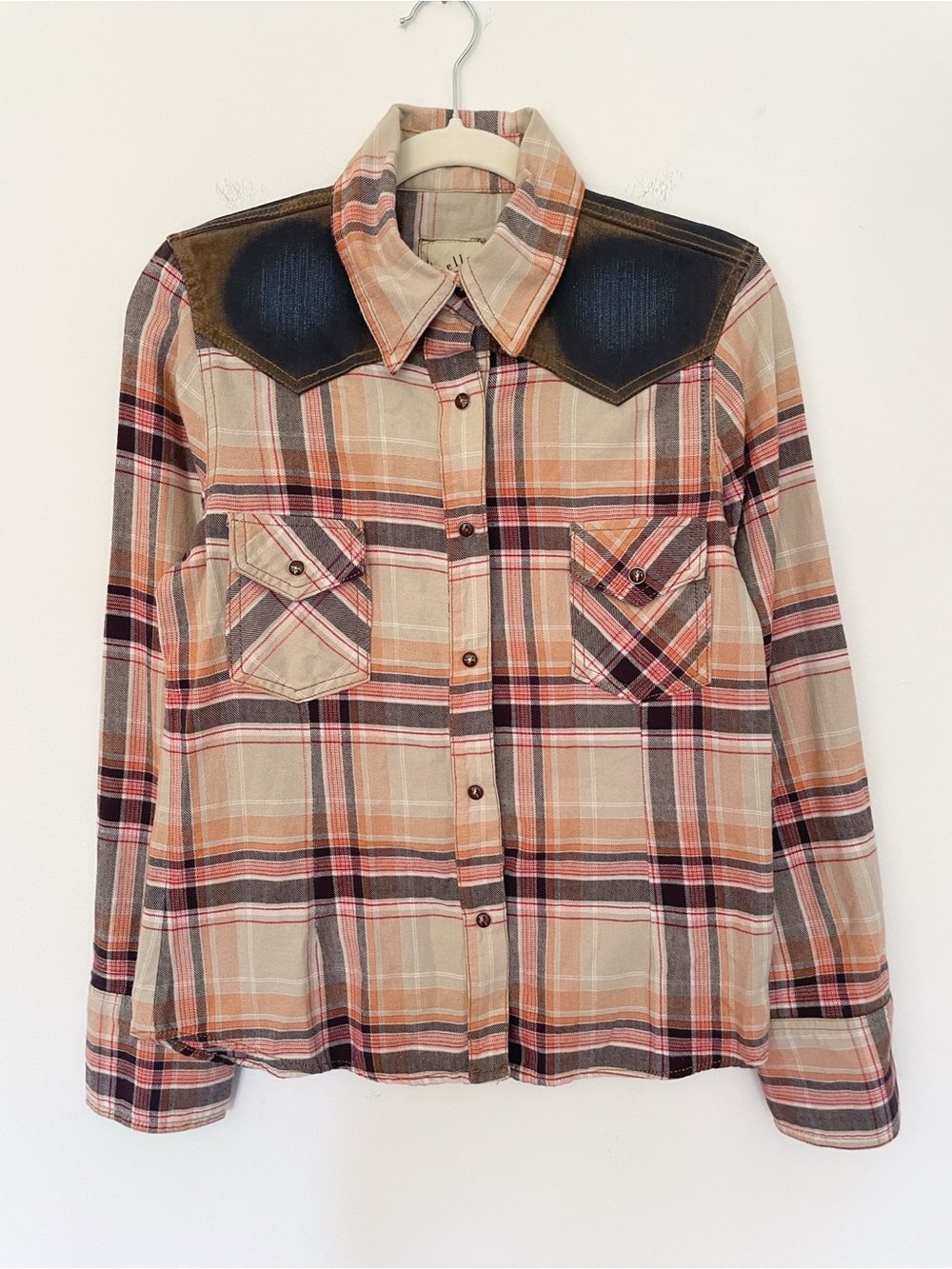 Bella Dahl Western Button Down Plaid Shirt Flannel Denim Panels Fall Cowgirl S